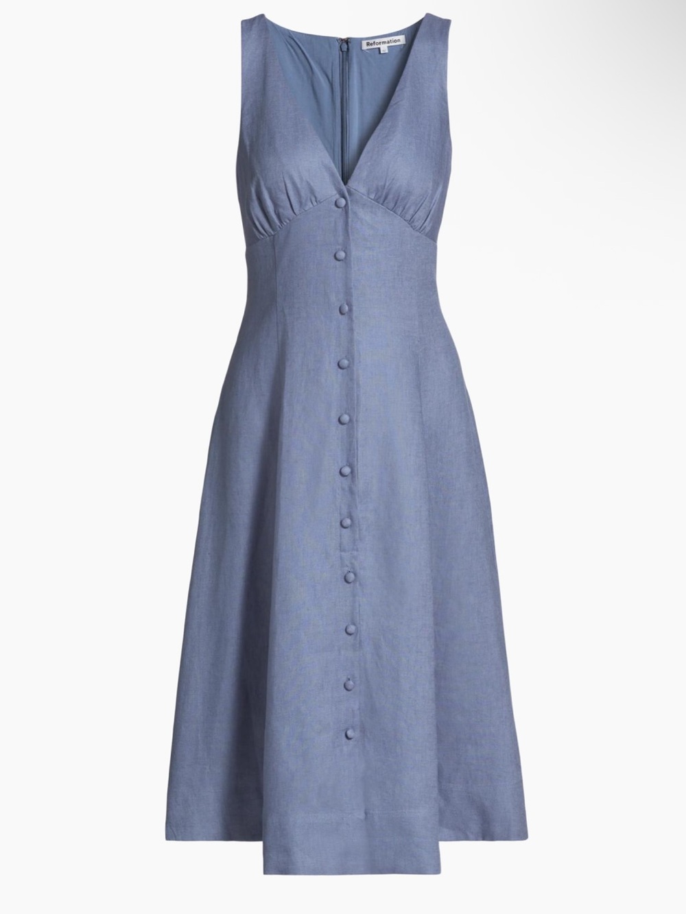 Reformation Sleeveless V-Neck Midi Dress in Dusty Blue with Front Buttons